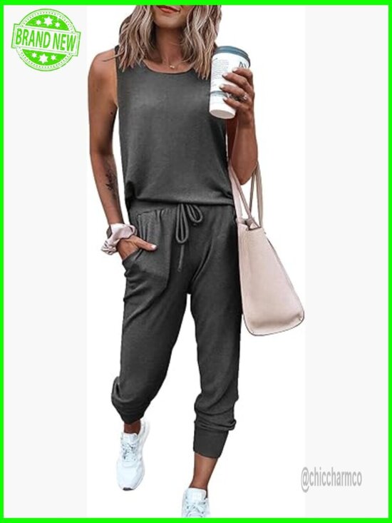 Pants - Women's Two Piece Lounge Set Sleeveless Tank High Waist Pants Medium